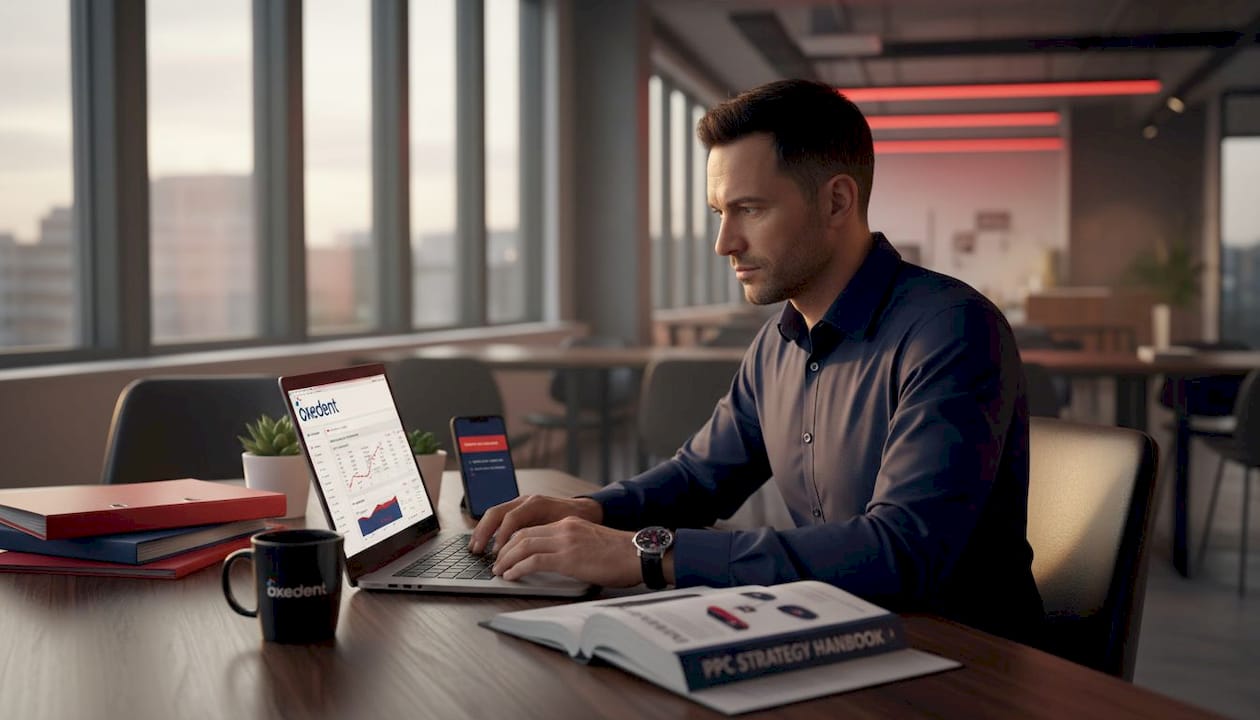Marketer checking Google Ads performance at desk