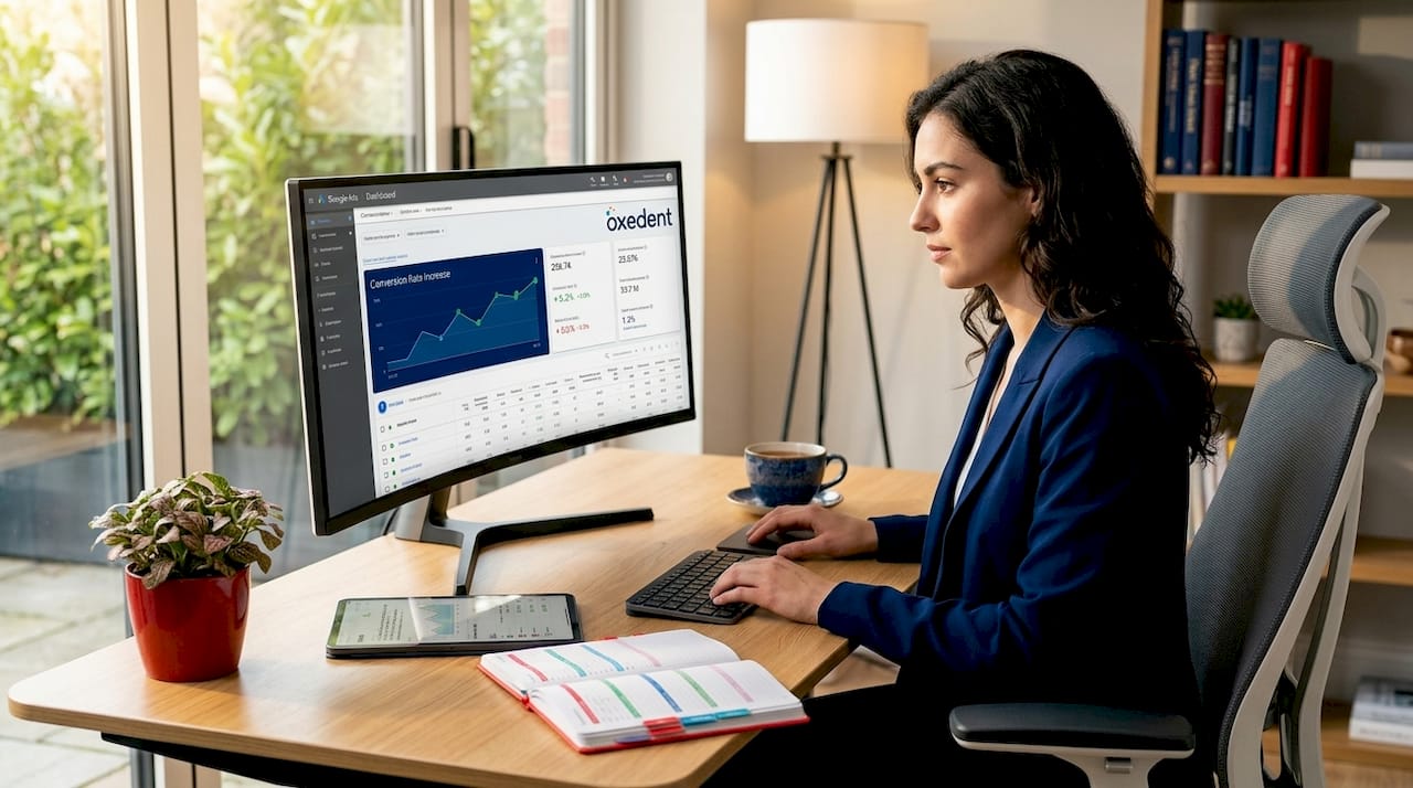 Manager reviewing PPC ads in a bright workspace