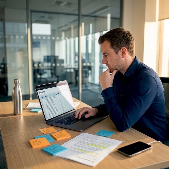 Businessman working on Google Shopping feed spreadsheet