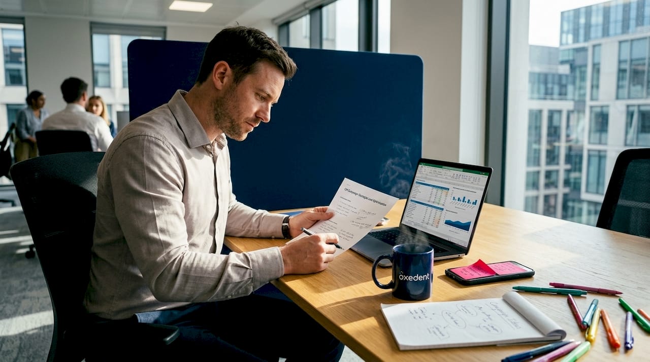 Professional reviewing campaign notes at desk