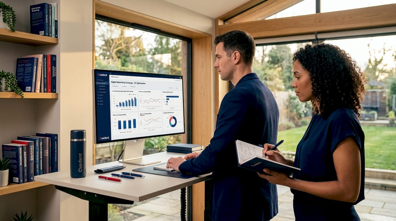 Two professionals review CRM attribution data in conference room