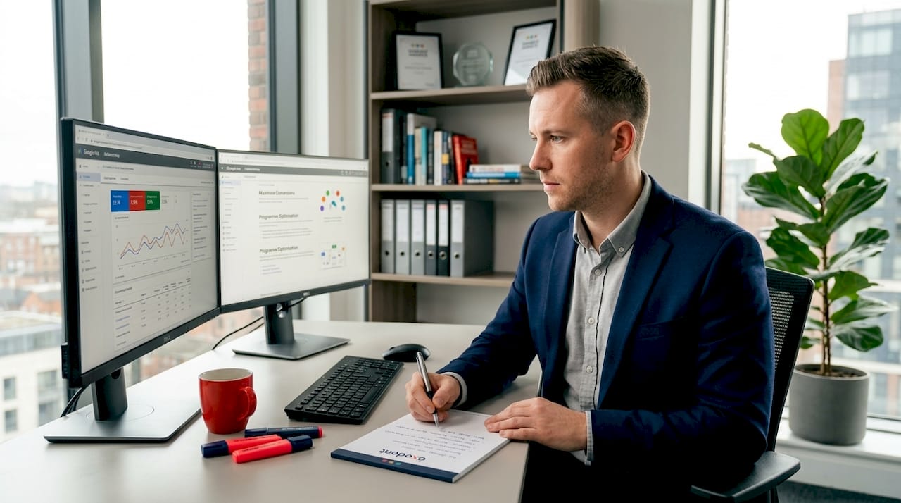 Agency specialist optimizes Google Ads campaign at office desk