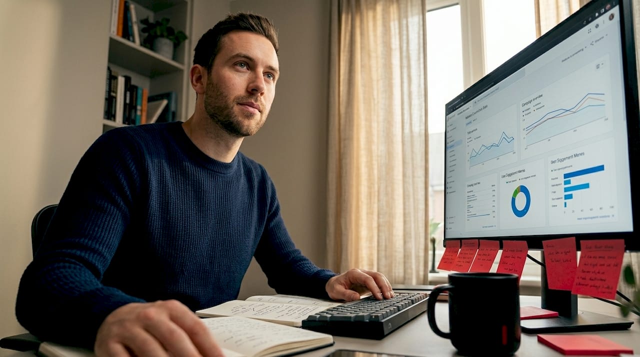 Marketer reviews conversion tracking in home office