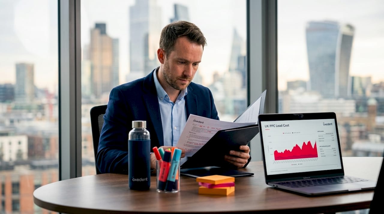 PPC analyst examines printed report at desk