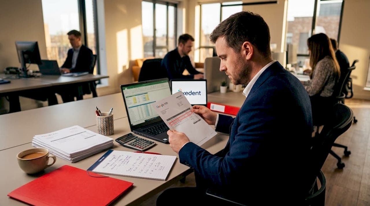Finance manager reviewing Google Ads VAT invoice at desk