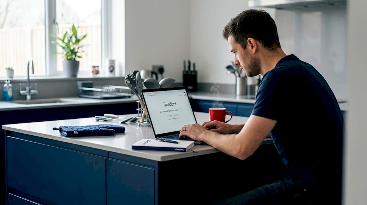 Man searching for product on laptop at kitchen table