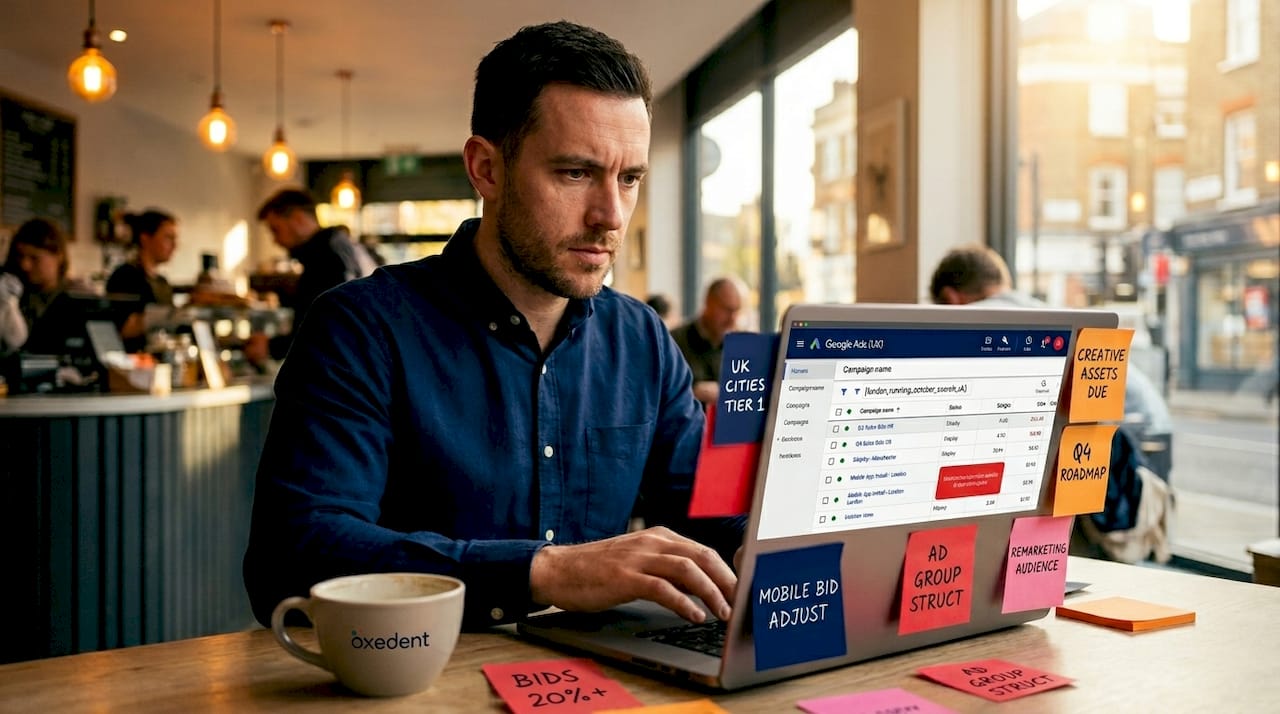 Marketer manages PPC hierarchy on desktop computer