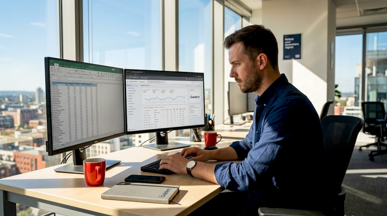 Marketer analyzing PPC data on computer screens