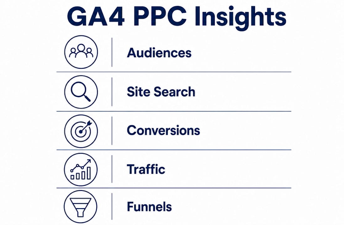Infographic showing key GA4 reports for PPC insights