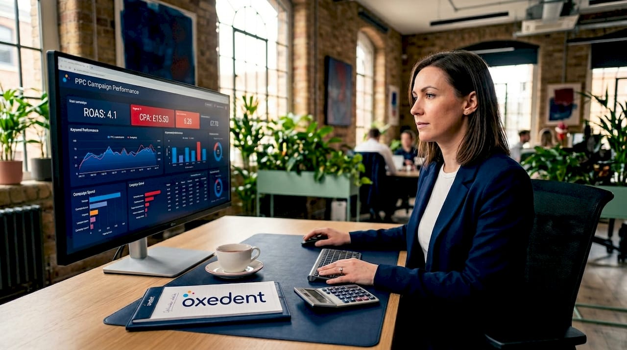Marketing specialist analyzing PPC campaign data at desk