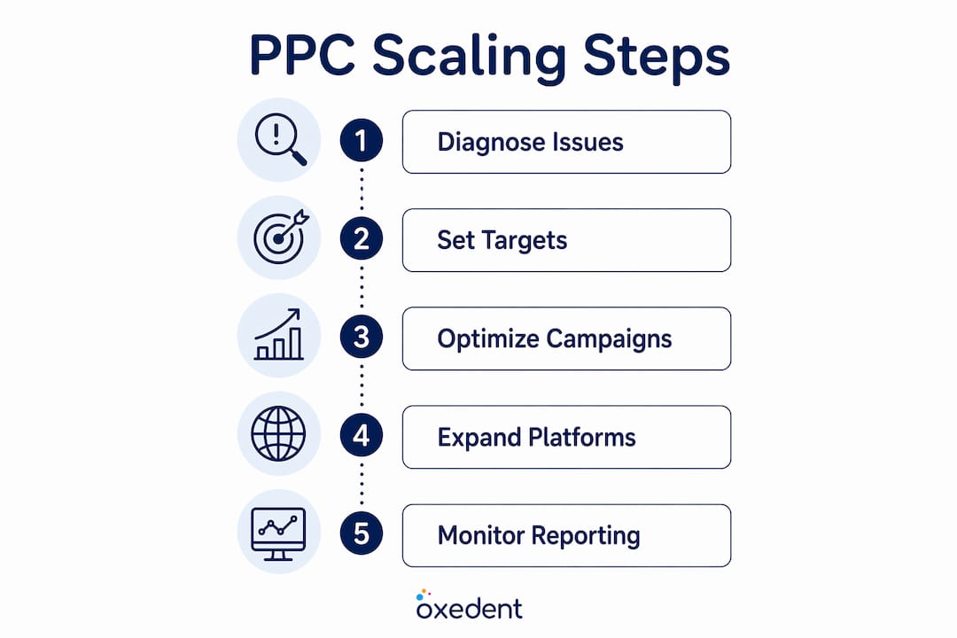 Infographic illustrating PPC agency scaling process in five steps