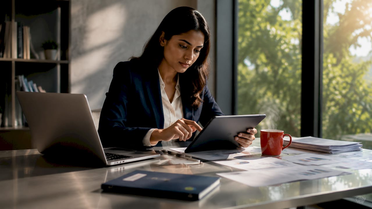 Professional woman analyzing digital assets at desk