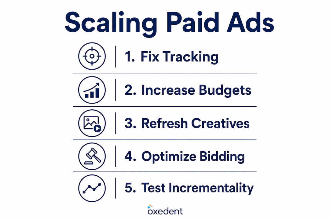 Infographic illustrating steps to scale ecommerce paid ads