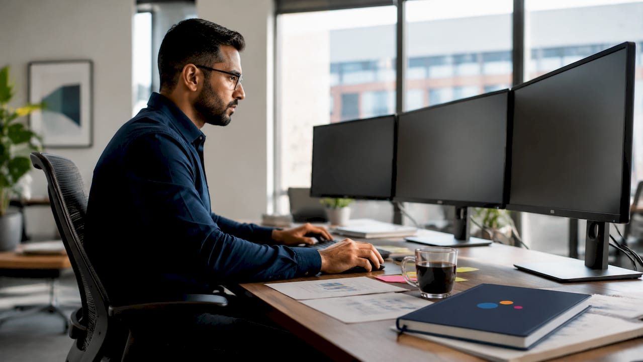 Marketer analyzing PPC campaign data at desk