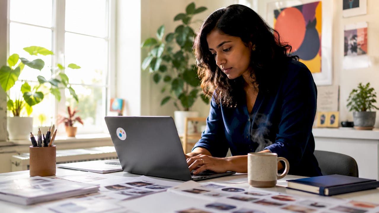 Woman editing ecommerce feed data on laptop