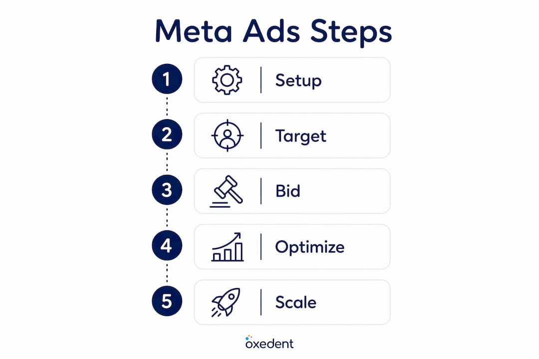 Infographic showing five key steps for Meta ads campaign