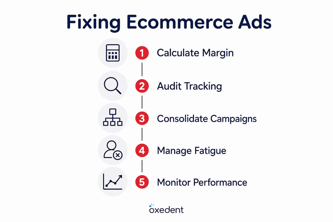 Infographic illustrating steps to fix ecommerce ads