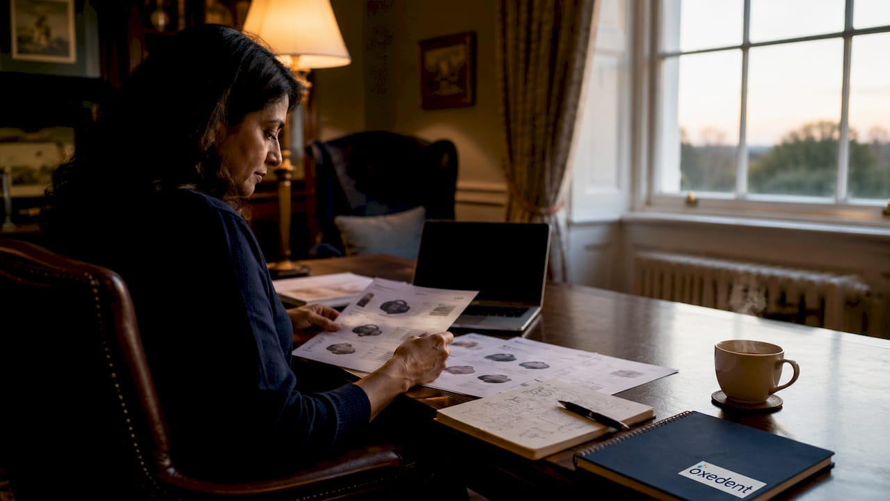 Woman reviewing product sheets in home office