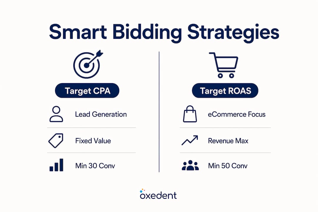 Infographic comparing smart bidding strategies Target CPA vs Target ROAS