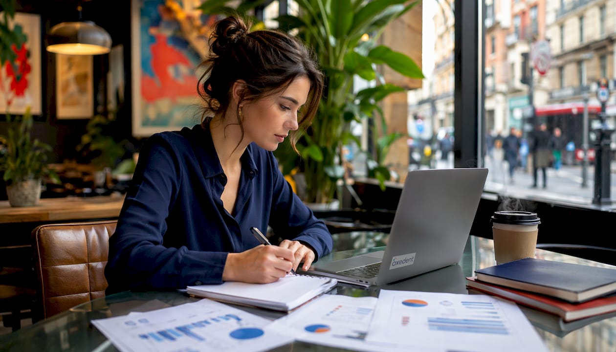 Woman analyzing Google Ads search intent report at desk