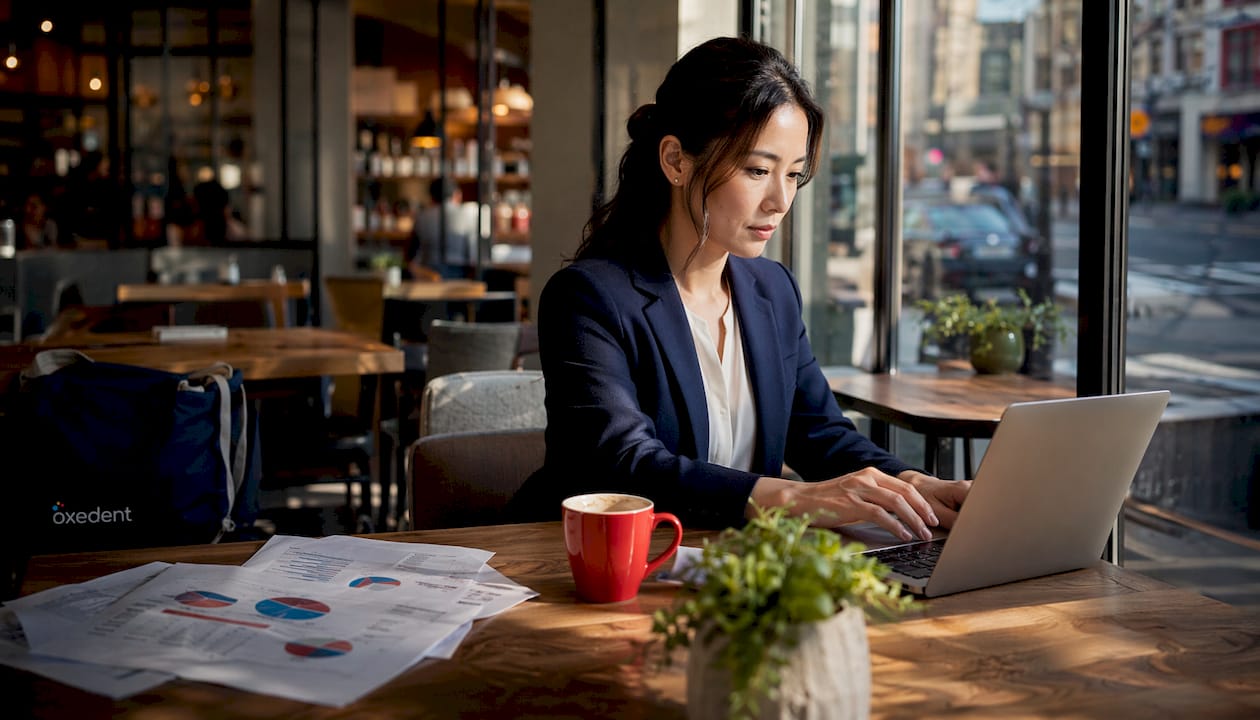 Businesswoman managing Google Ads campaigns on laptop