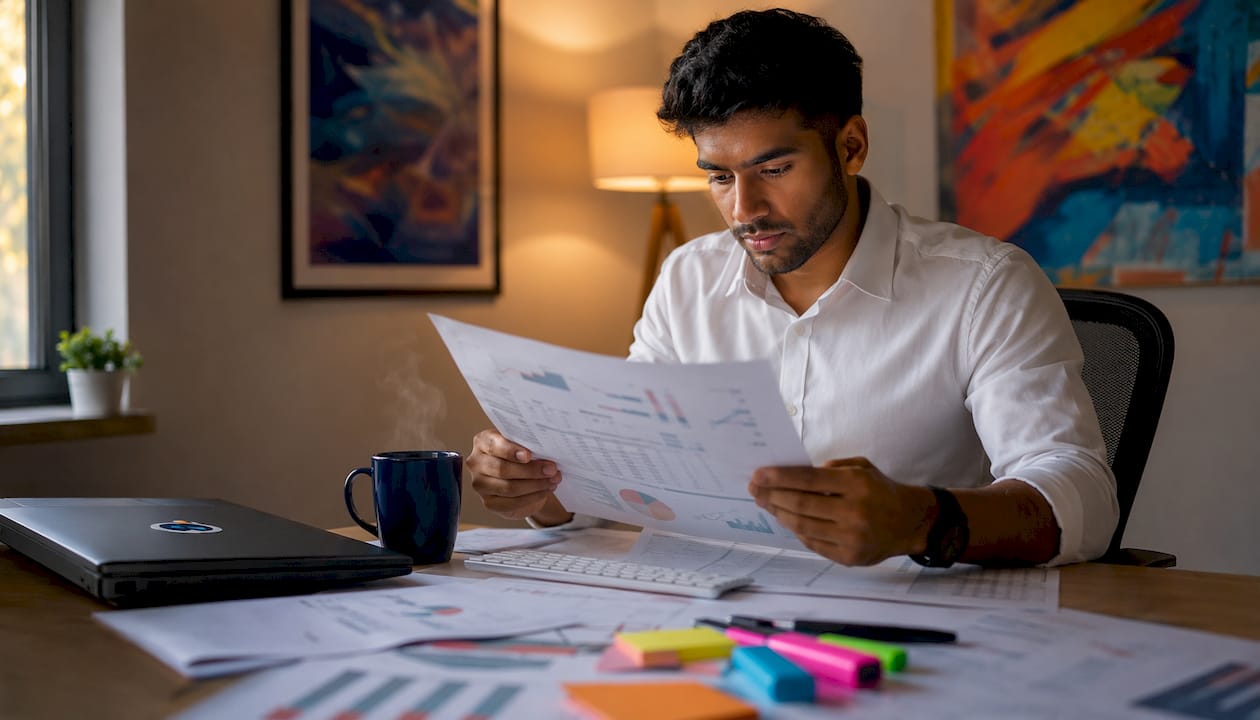 Marketing analyst reviewing PPC workflows at office desk