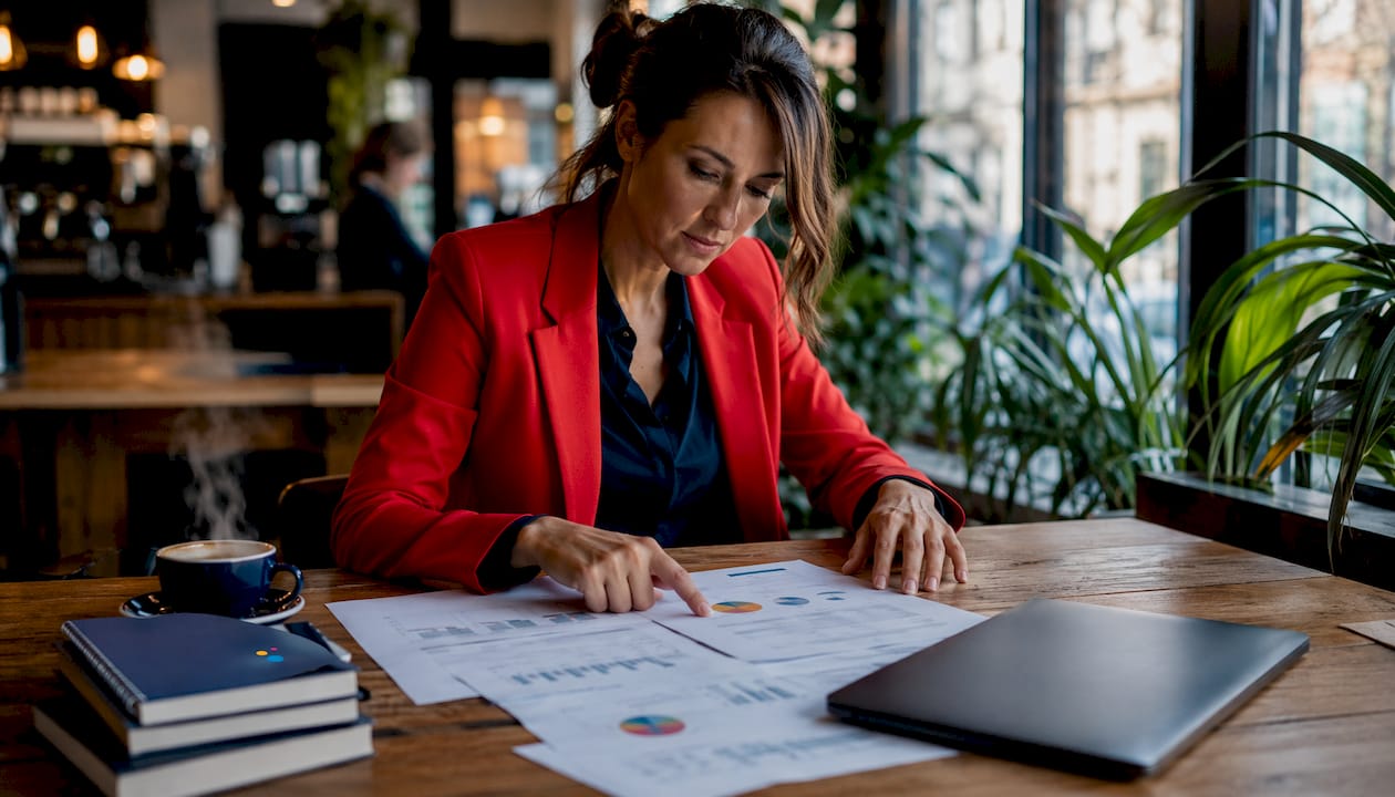 Woman working on Google Ads client brief at home office