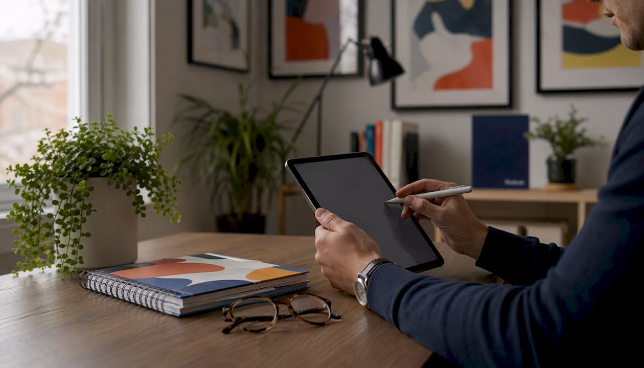 Hands optimizing product feed on tablet