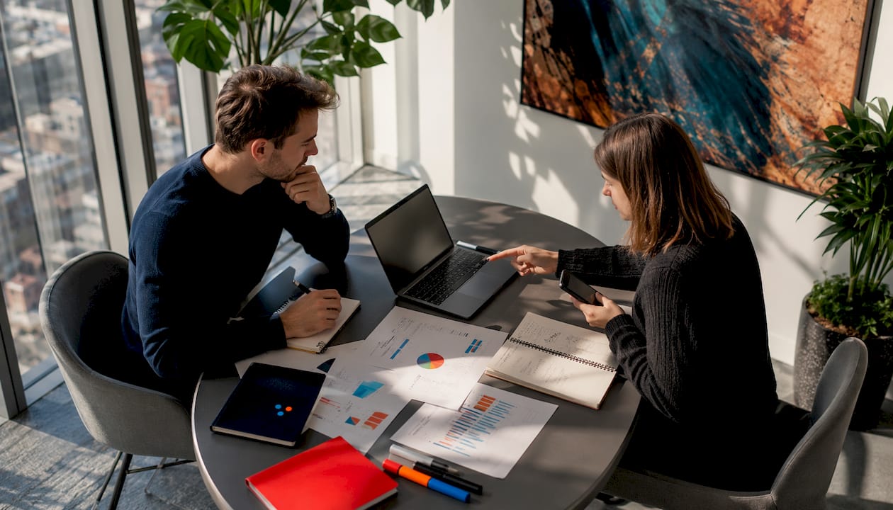 Two pros collaborating on Google Ads tools