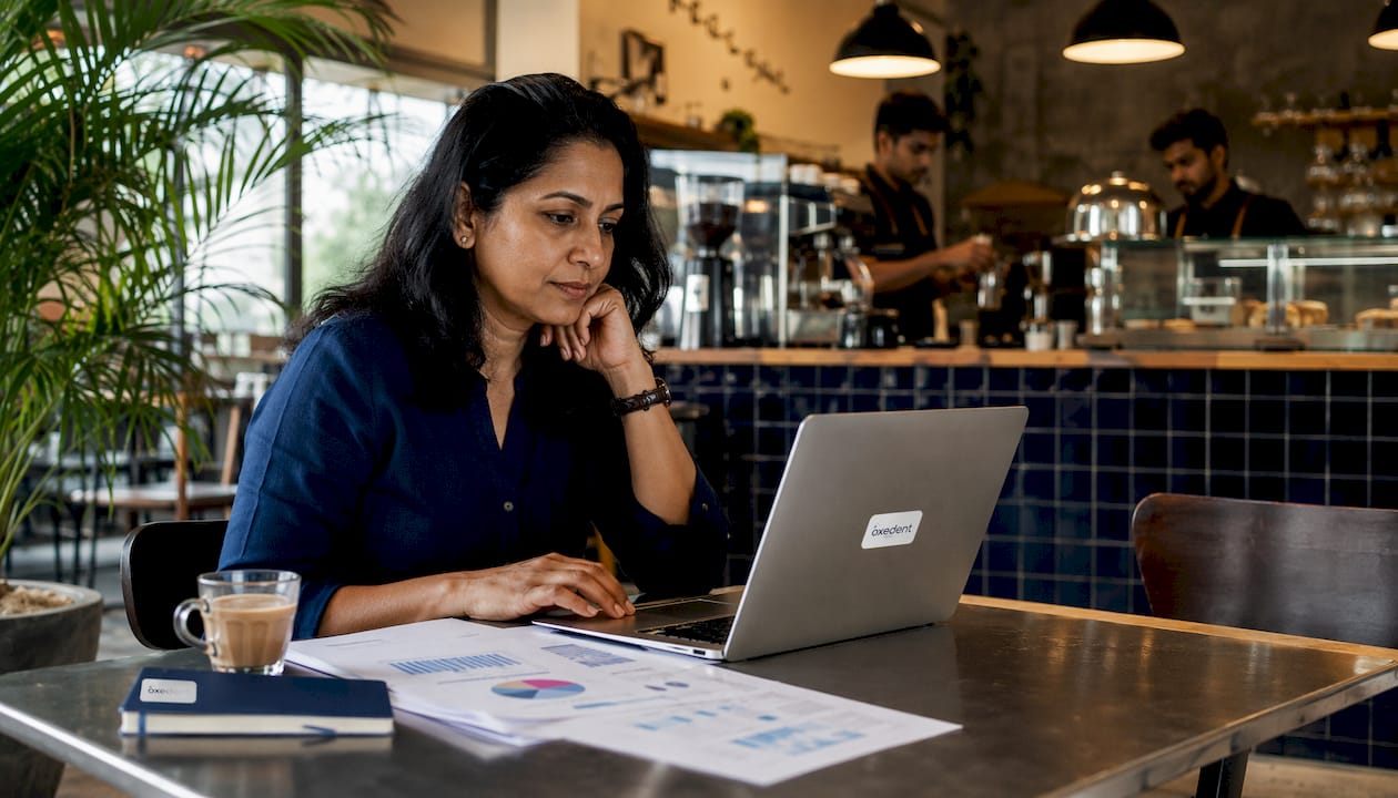 Woman reviewing promotions feed on laptop