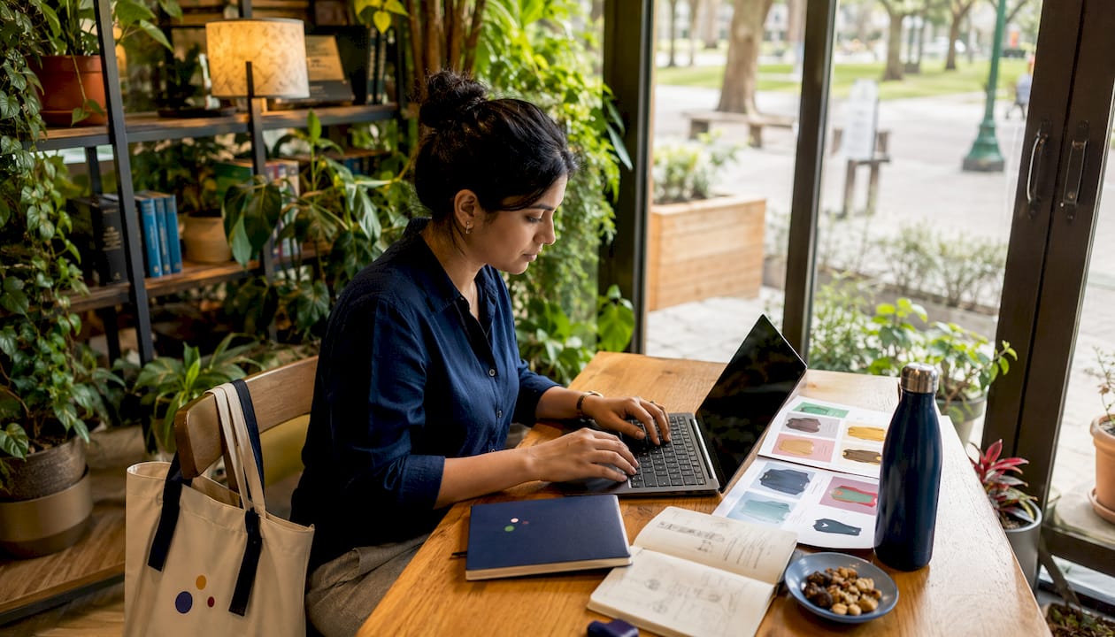 Woman working on laptop setting remarketing tags