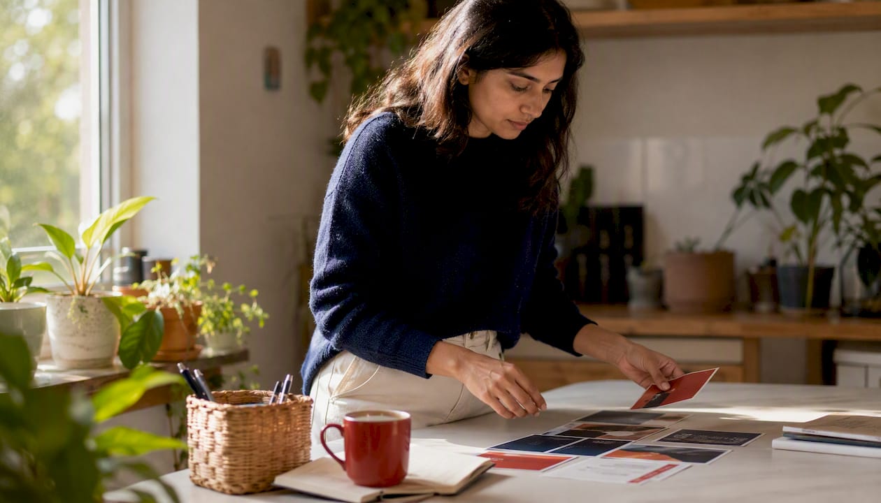 Woman organizing marketing assets at desk