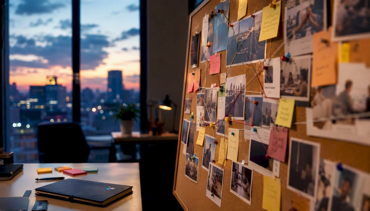 Overhead view of campaign asset group planning on corkboard