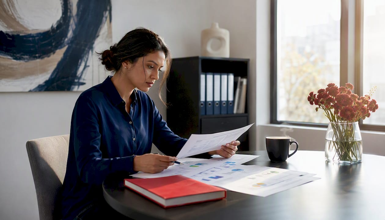 Woman auditing service documents at desk
