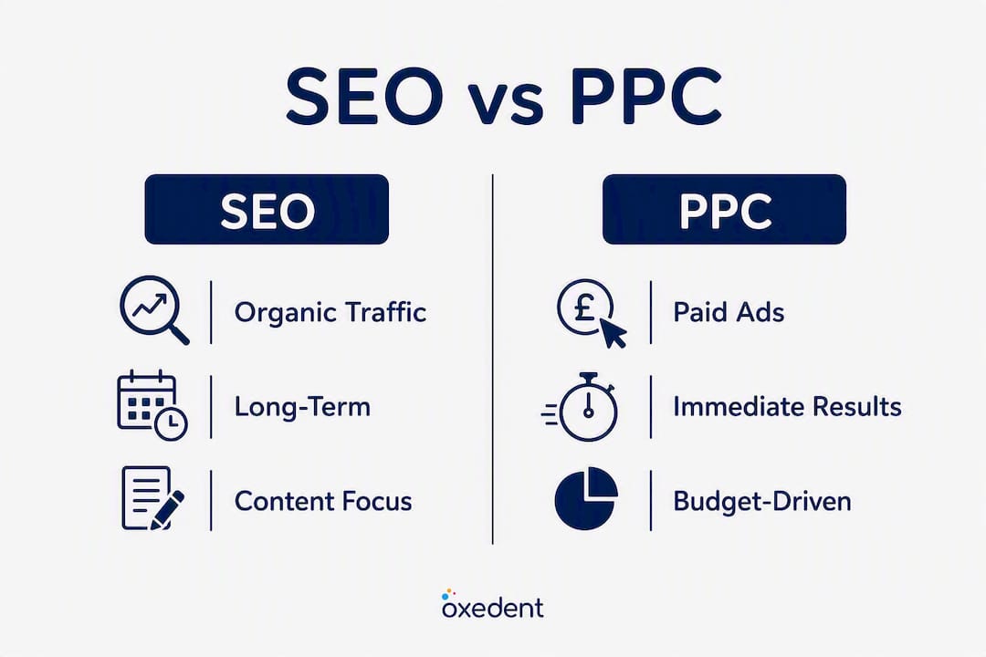 Infographic comparing SEO and PPC key points