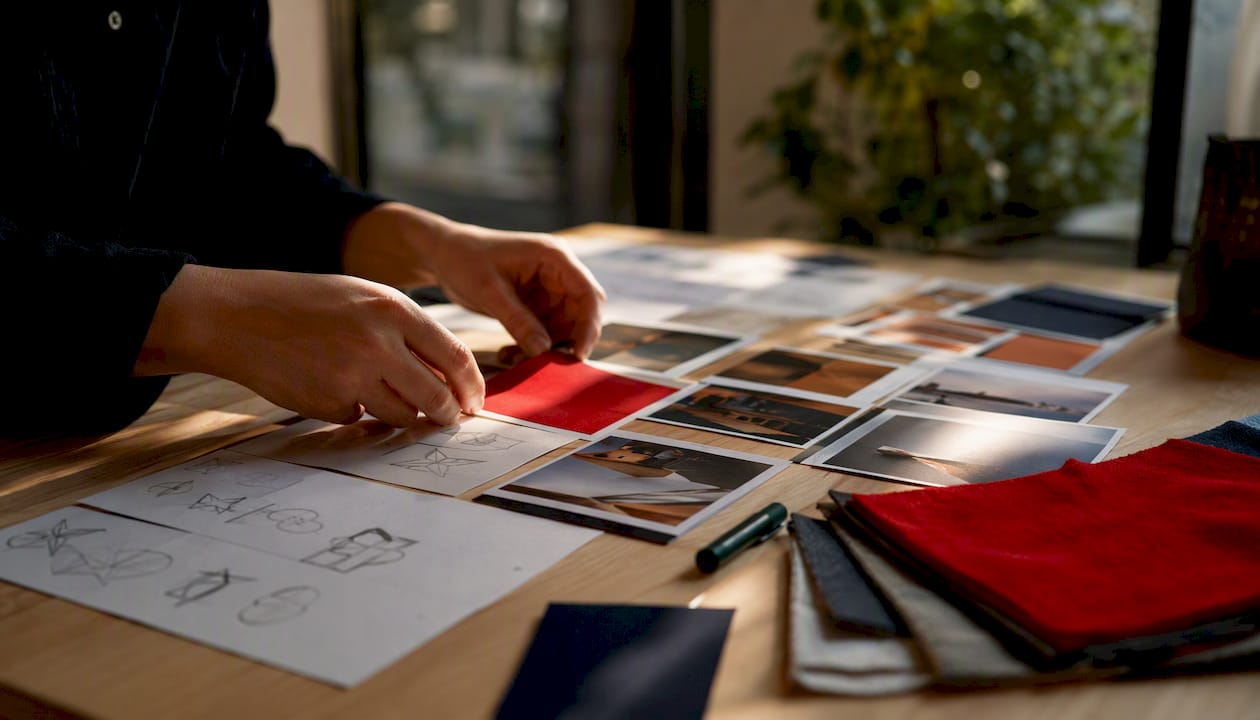 Hands arranging creative marketing assets