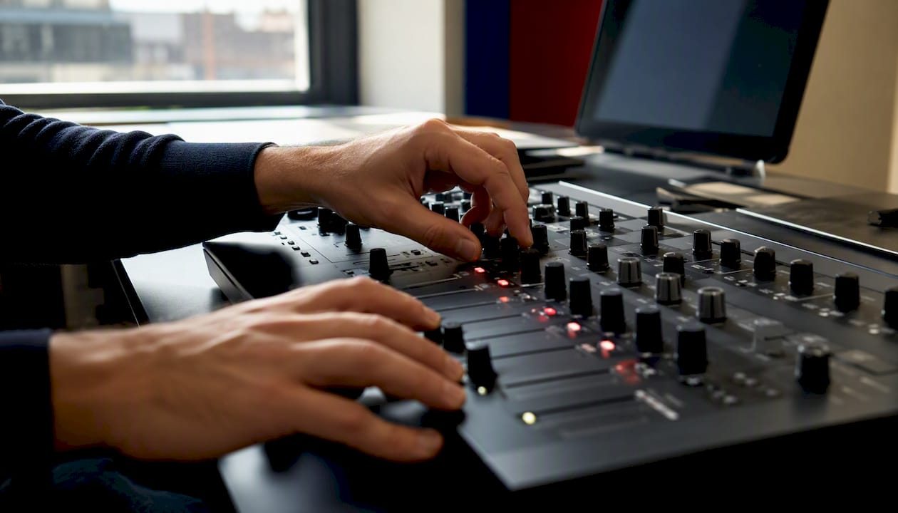 Hands adjusting digital bidding controls