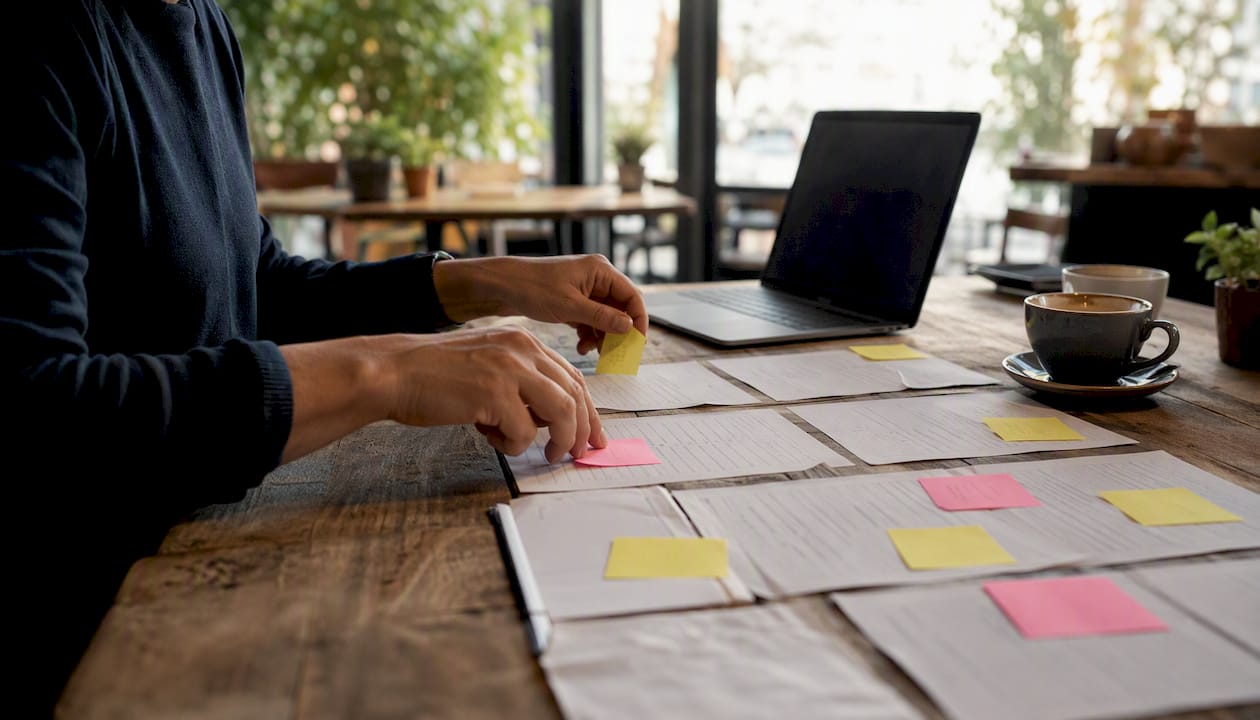 Hands filtering PPC search term data with sticky notes