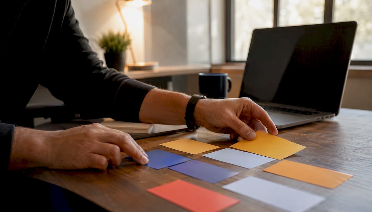 Hands managing colored advertising asset cards