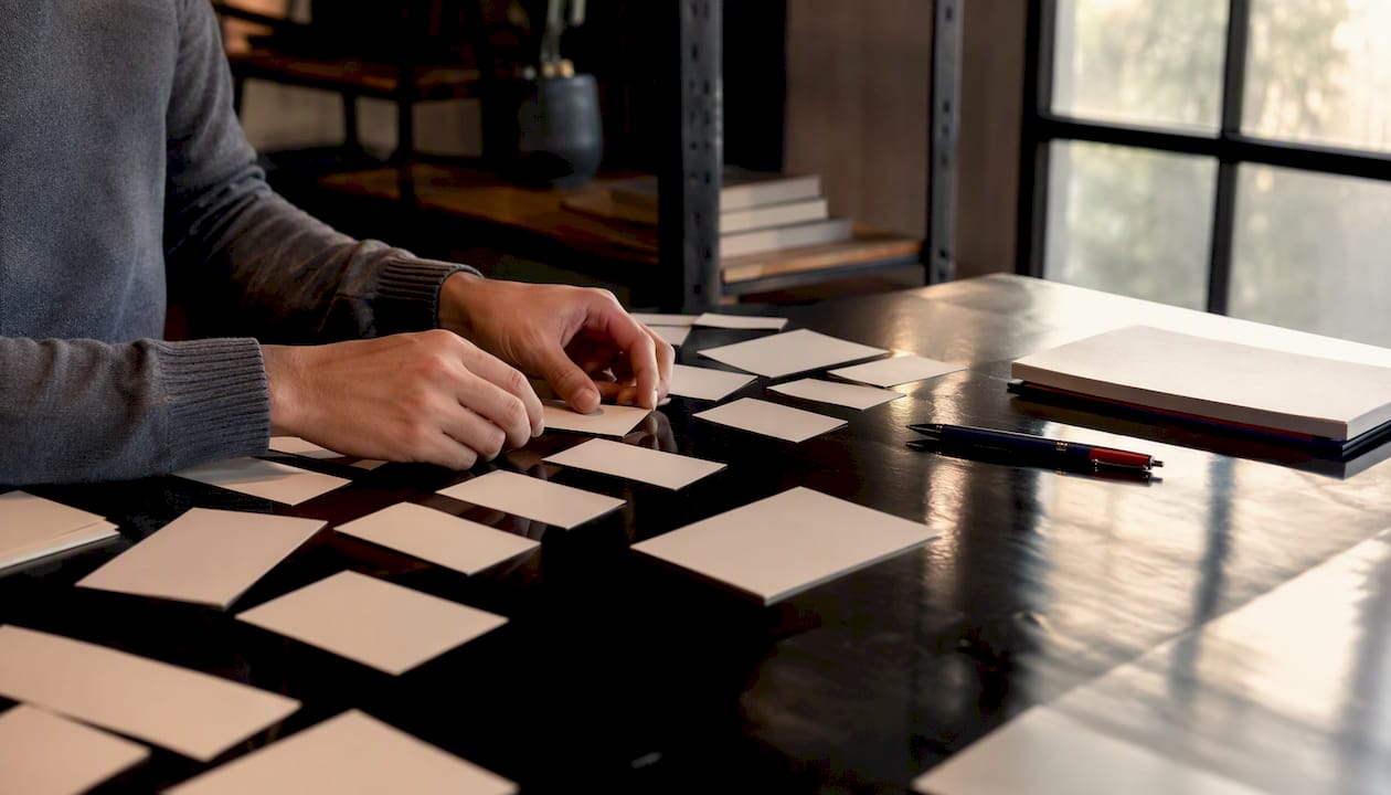 Hands manipulating keyword concept cards on a desk