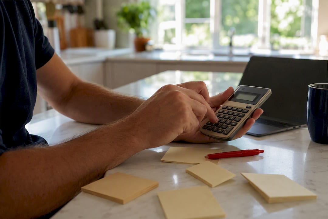 Hands calculating marketing data with calculator