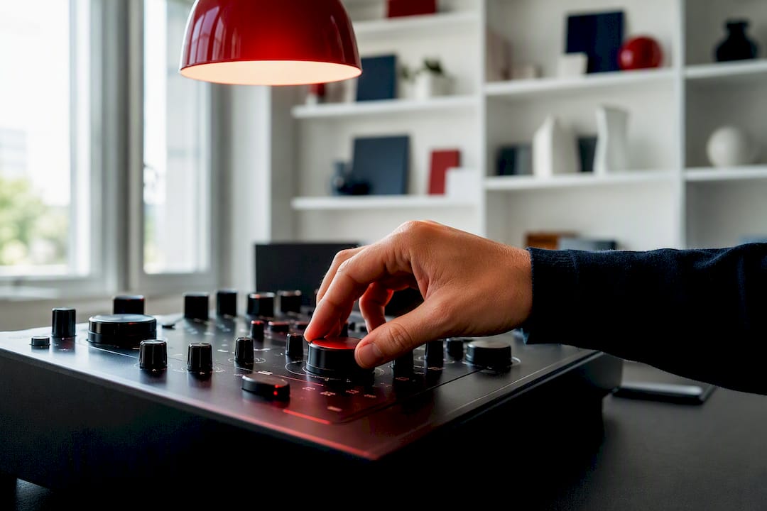 Hand adjusting campaign control dial in dark marketing workspace