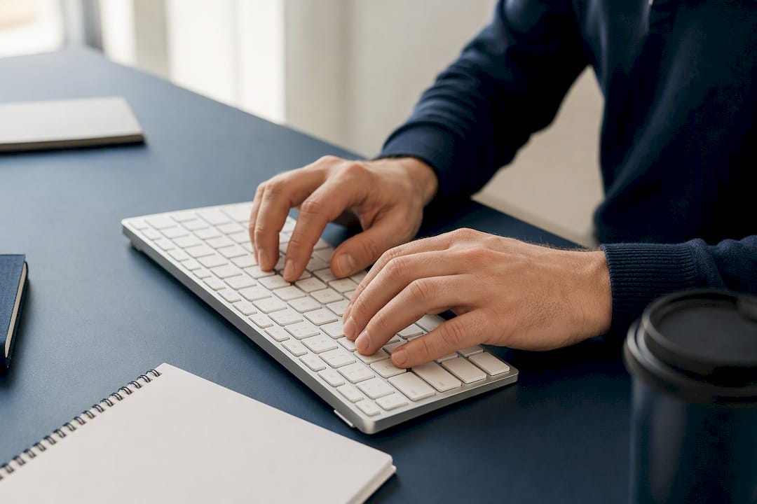 Close-up of hands typing UTM tags on keyboard
