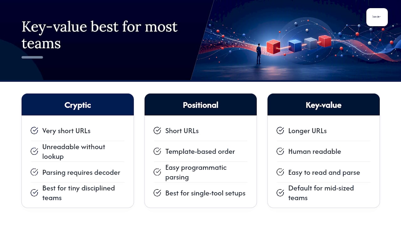 Comparison of cryptic, positional and key-value UTM naming models