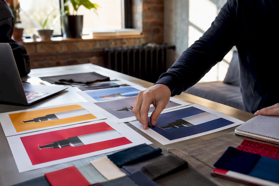 Designer adjusting ad mockups with varied text contrast