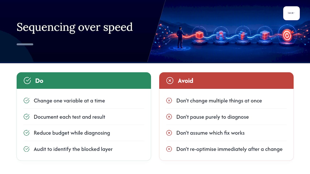 Why sequencing beats speed when Meta ads stop spending — overview diagram