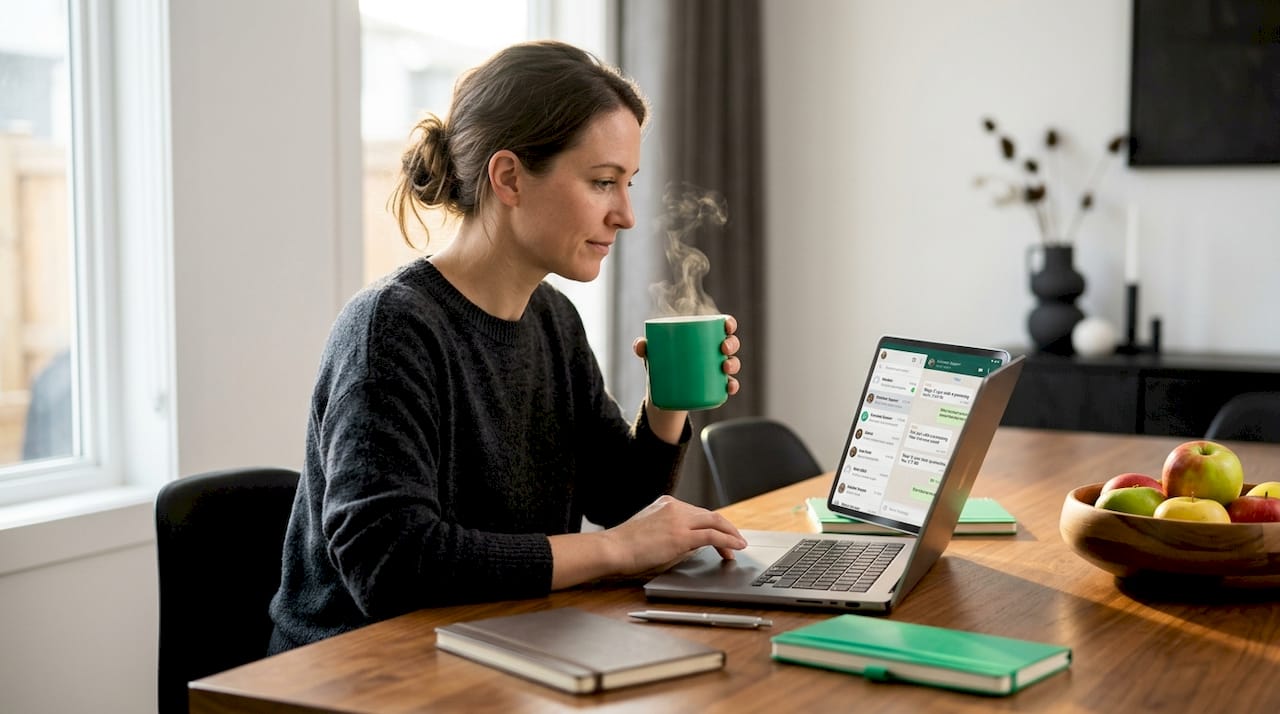 Woman reviewing WhatsApp customer chat window