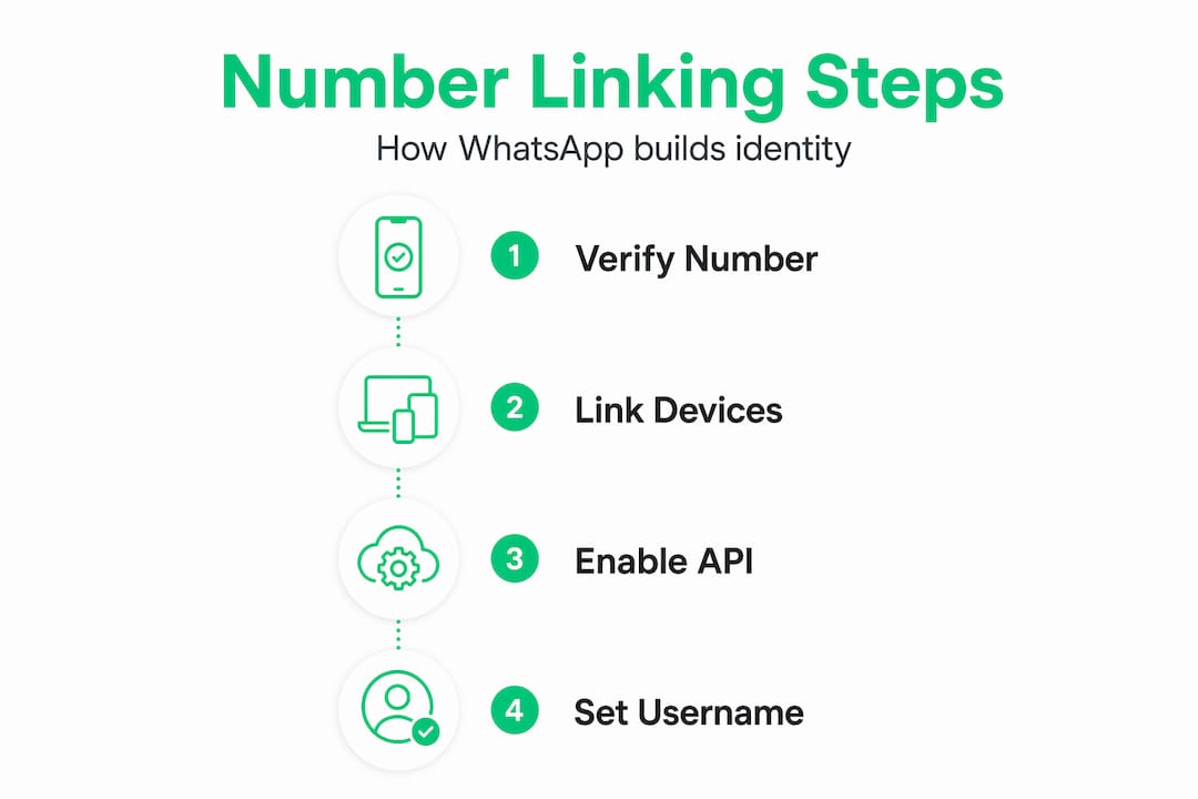 Infographic showing WhatsApp number linking steps