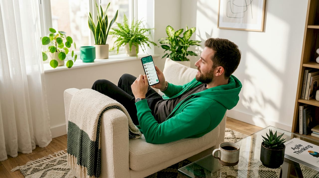 Man browsing WhatsApp list message at home