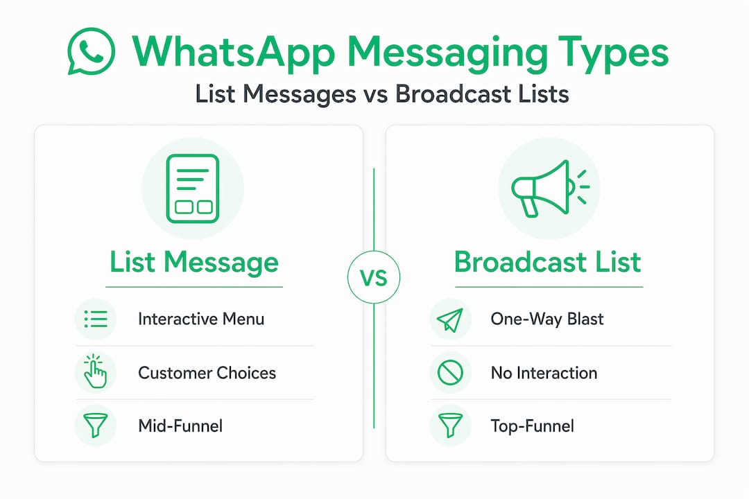 Infographic comparing WhatsApp list vs broadcast messages